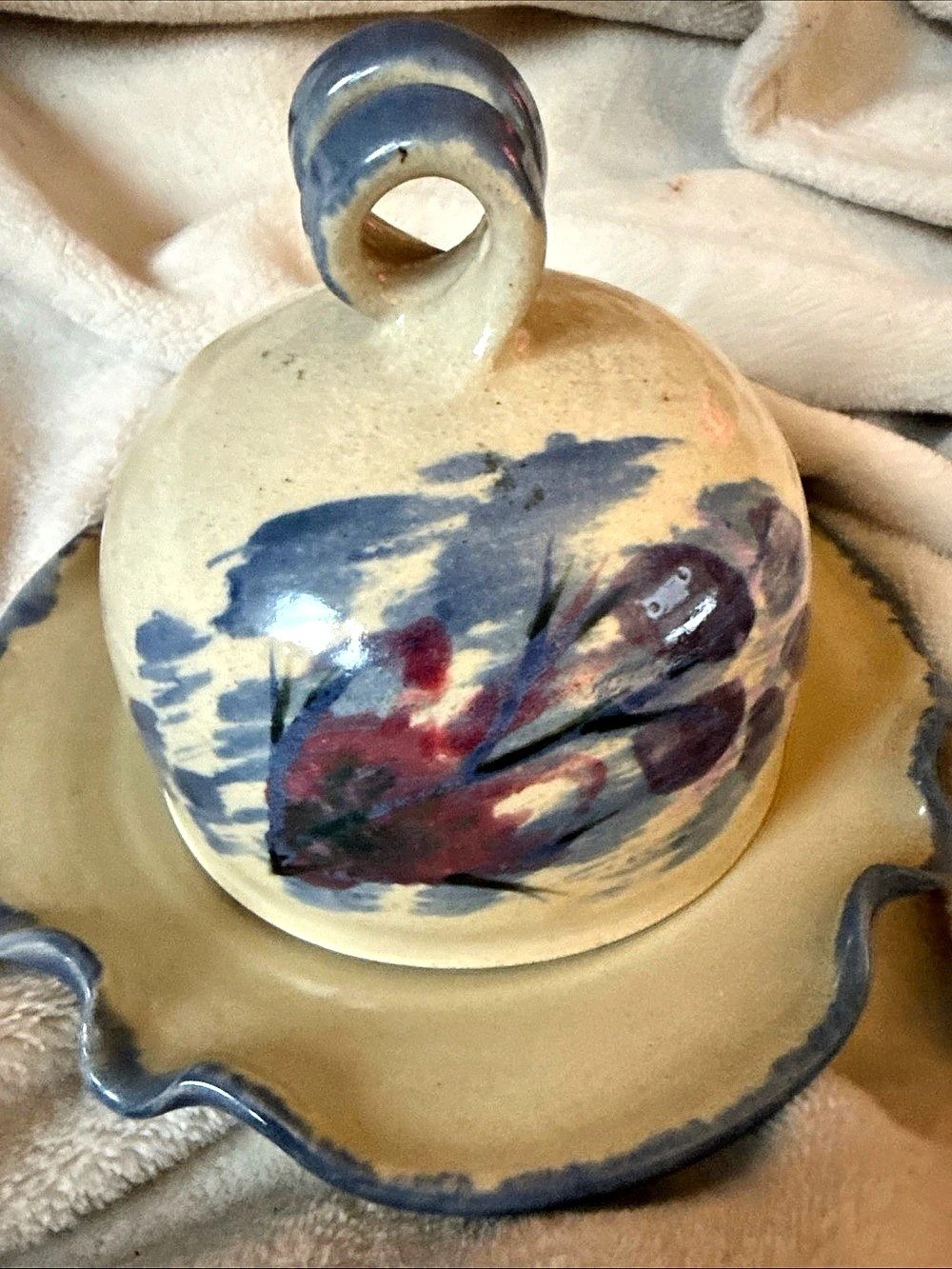 Monique Duclos Studio Pottery Covered Butter Dish Cream & Blue